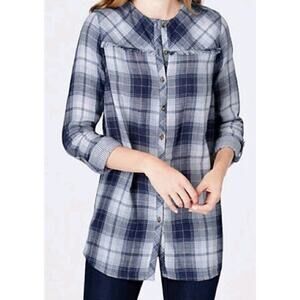 J. Jill size Medium Blue Plaid Button Front Tunic Shirt Long Roll Tab Sleeves